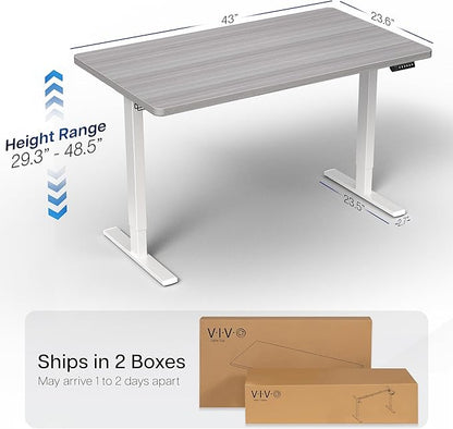 VIVO Electric 43 x 24 in Standing Desk, Memory Height Adjustment, 1B Series, One-Piece Dark Gray Top, White Frame, DESK-KIT-1W4G