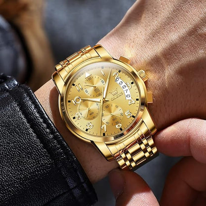 OLEVS Men's Stainless Steel Chronograph Watch, Big Face Gold Silver Black Tone Easy to Read Analog Quartz Watch, Luxury Waterproof Date Diamond Roman Arabic Numerals Dial Dress Watch for Men