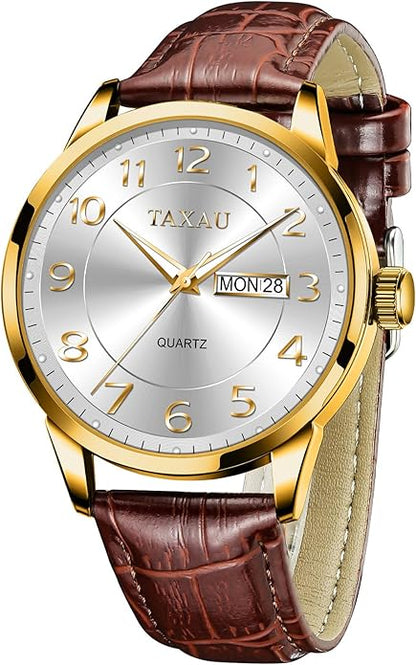 Men's Watch Big Face Easy Read Arabic Numeral Dress Watches for Men Classic Black Brown Leather Band Analog Mens Wrist Watch with Day and Date Fashion Business Waterproof Luminous Quartz Watch