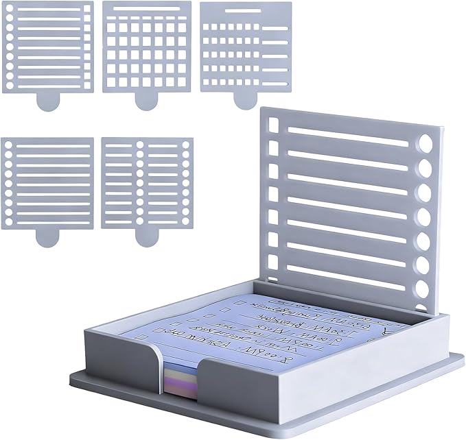 Sticky Note Stencil and Holder, 3x3 Inch Stick List Organizer, Post It Dispenser for Room and Office Desk Organizer, with Five Different Stencil (Grey)