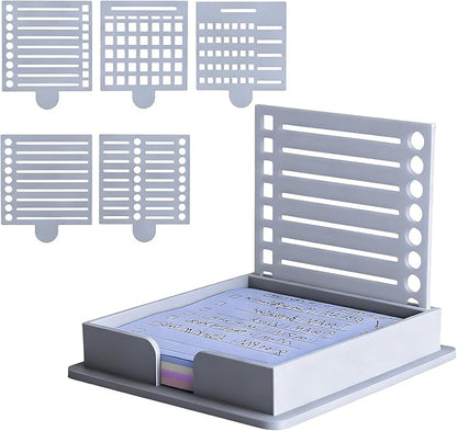 Sticky Note Stencil and Holder, 3x3 Inch Stick List Organizer, Post It Dispenser for Room and Office Desk Organizer, with Five Different Stencil (Grey)