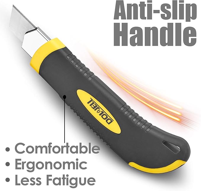 DOWELL Utility Knife Box Cutter Retractable Self Loading Heavy Duty Snap Off Quick Change Extra Blades(3PCS) TPR+PP Handle Cutting Cardboard Boxes or DIY