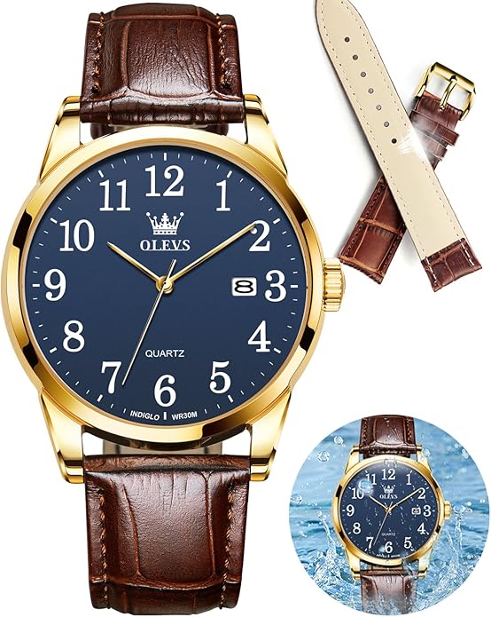 OLEVS Watch Men Mens Watches Watches for Men Leather Band Classic Brown Leather Watch Men, Analog Watch Men, Black Mens Leather Watch, Dress Waterproof Large Face Mens Watch,Relojes para Hombres Watch