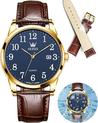 OLEVS Watch Men Mens Watches Watches for Men Leather Band Classic Brown Leather Watch Men, Analog Watch Men, Black Mens Leather Watch, Dress Waterproof Large Face Mens Watch,Relojes para Hombres Watch