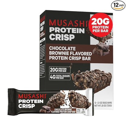 MUSASHI Protein Crisp Bar, 20g Protein, 4g Total Sugars, Chocolate Brownie, Post Workout and Snack On The Go, 12 Pack of 2.1oz (60g) Bars