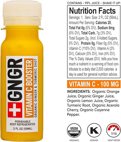 +GNGR Vitamin C Immunity Booster Cold-Pressed Ginger Shot with Turmeric, Cayenne, Acerola, Immunity Shot with Peruvian Ginger Juice for All Natural Immune & Digestive Support 2 fl oz (Pack of 12)