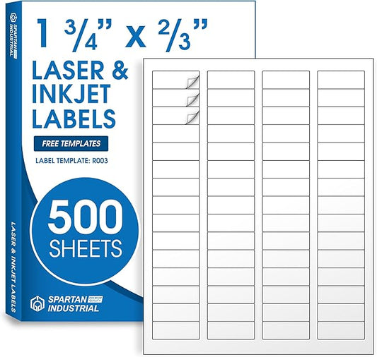 1 3/4" X 2/3" Matte White Return Address Labels Compatible with Inkjet and Laser Printers - 500 Sheets, 30000 Small Printable Stickers for Mailing and Barcodes - Spartan Industrial Template R003