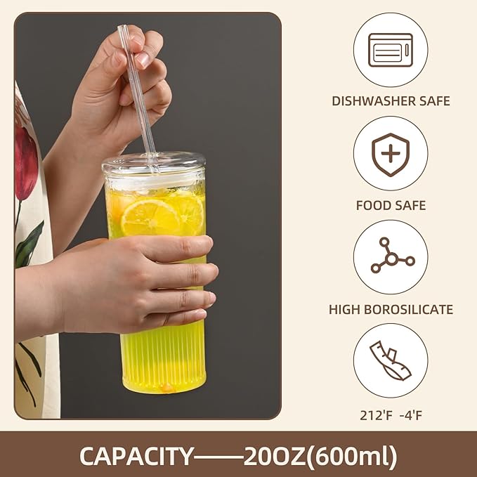 Rainbow 20 OZ Glass Cups With Lids and Straws, 4 Set Glass Tumbler Cup with Leakage Lid, Glass Iced Coffee Cups for Drinking Juice Smoothie Matcha, Suit for Car Cup Holder