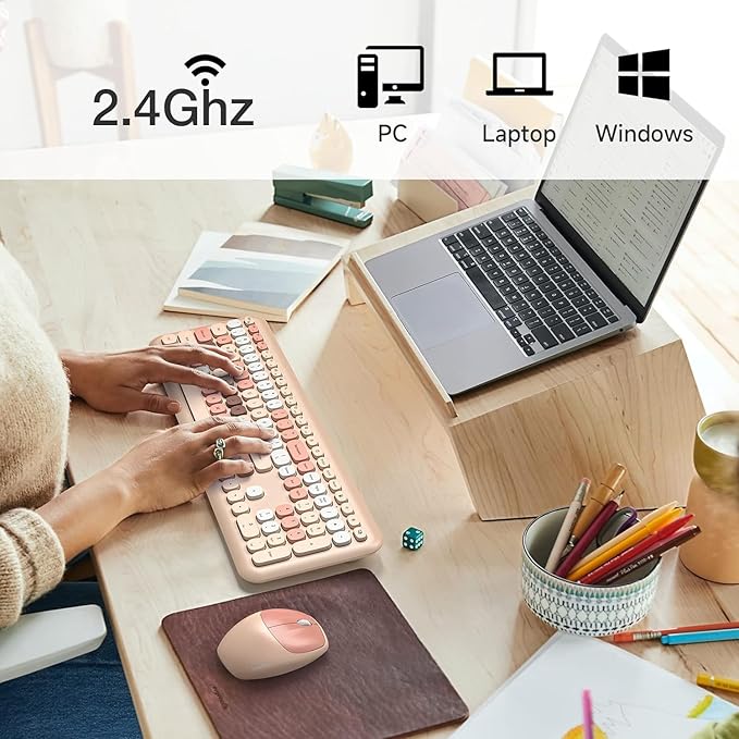 KNOWSQT Wireless Keyboard and Mouse Combo, Pale Milktea Full-Sized 2.4G Silent Keycap Colorful Keyboards, USB Dongle Plug Play, for Laptop, Windows, PC, Computer, Desktop