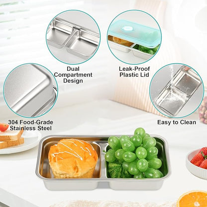 8 Pcs 30 oz Bento Boxes, 2 Compartments 304 Stainless Steel Food Storage Containers Snack Boxes with Leakproof Lids, Divided Meal Prep Lunch Box Food Container Dishwasher Safe