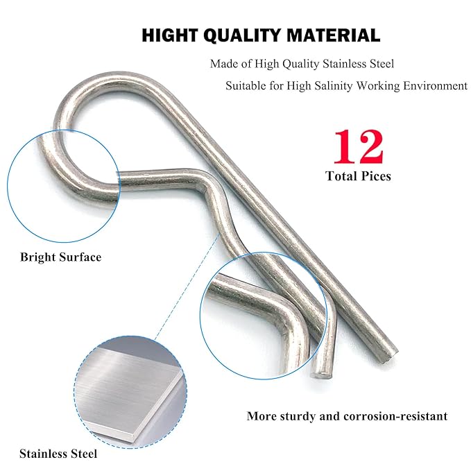 12 Pcs Heavy Duty Stainless Steel Cotter Pin R Clip Spring Retaining Wire Hair Pins for Trailer Lock System M3x60 Keeper