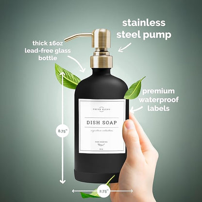 Vine Creations Black Glass Soap Dispenser, 2 Pack Kitchen Soap Dispenser Set with Stainless Steel Pump, 16 oz Dish Soap and Hand Soap Dispensers for Bathroom with Waterproof Labels