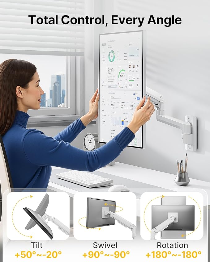monTEK Ultra Wide Wall Mount Monitor Arm for 17-49 Inch Screens, Heavy Duty Single Monitor Mount up to 44 lbs, Fully Adjustable Gas Spring Wall Mount, 75x75/100x100 VESA Mount, White