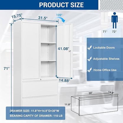 Metal Steel Storage Cabinets with Lockable Drawers and Doors Lateral File Cabinets Steel Metal Filing Lockers for Home Office Hanging Files Letter/Legal/F4/A4 Size