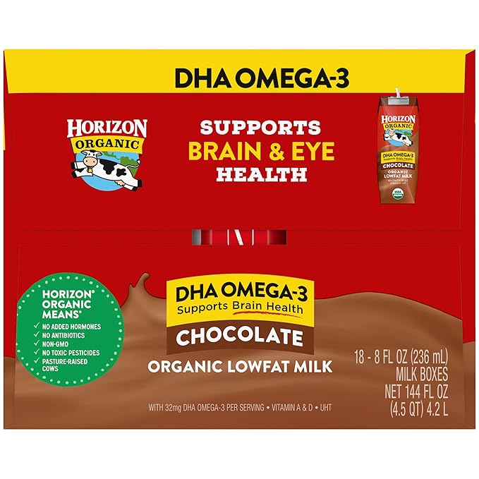 Horizon Organic Shelf Stable 1% Lowfat DHA Omega-3 Chocolate Milk Boxes, 8 fl oz, 18 Count - 8g Protein per Serving, USDA Organic UHT from Pasture-Raised Cows, Ready to Drink for Lunchbox, Travel, or On-the-Go, No Refrigeration Needed