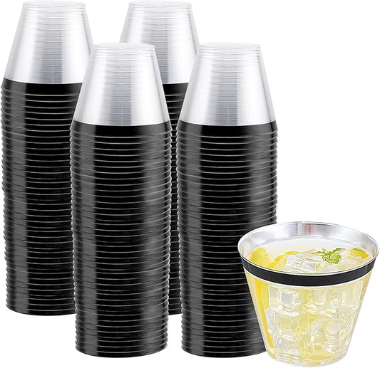 WELLIFE 120 PCS Black Plastic Cups,9 oz Clear Cups for Party and Wedding,Disposable Cocktail Glasses,Plastic Wine Glasses Disposable