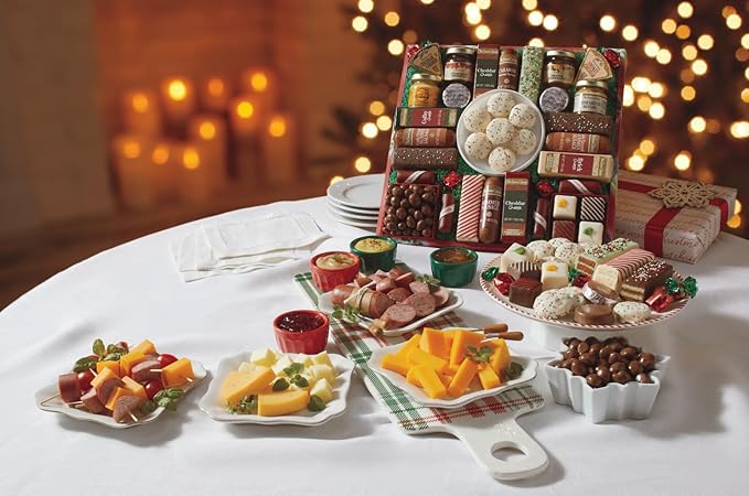 3 Red Gift Boxes - The Swiss Colony 27 Favorites Food Gift Set, Summer Sausage Meats and Cheeses Assorted Chocolates, Candies, Petits Fours, Cheese & Charcuterie Board Gifts Basket, Holiday, Christmas