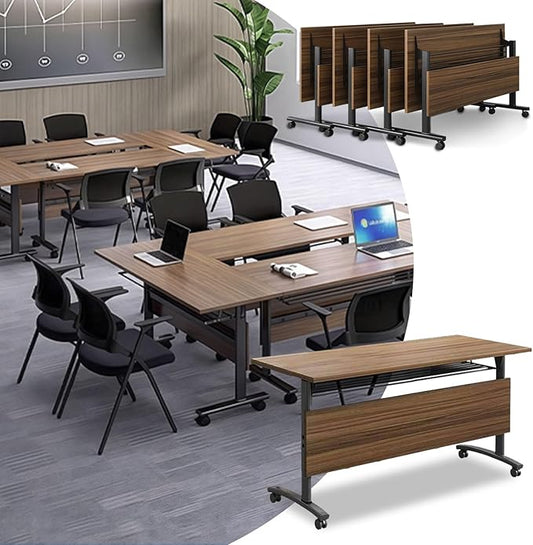 Folding Conference Room Tables,55" Flip Top Seminar Conference Tables,Foldable Meeting Table with Silent Wheels,Office Rolling Modular Meeting Room Table Mobile Training Tables (Walnut, 8 pack)