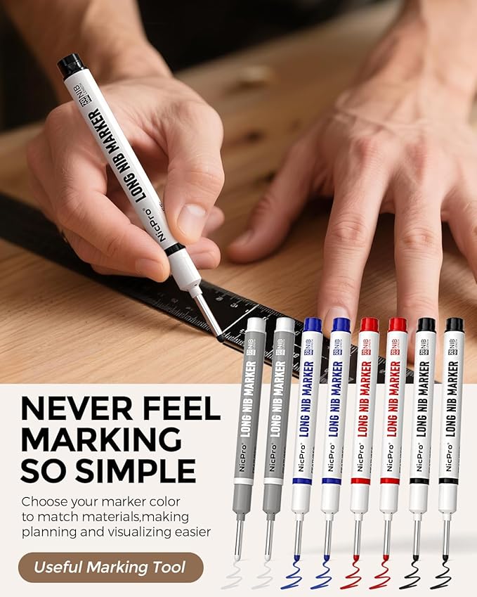 Nicpro 8 PCS Long Nib Marker Pens, 20mm Deep Hole Marker, Quick Dry & Waterproof Construction Markers, Long Head Markers for Metal, Steel, Tile, Glass, Carpenter Marking Pen for Woodworking