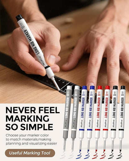 Nicpro 8 PCS Long Nib Marker Pens, 20mm Deep Hole Marker, Quick Dry & Waterproof Construction Markers, Long Head Markers for Metal, Steel, Tile, Glass, Carpenter Marking Pen for Woodworking