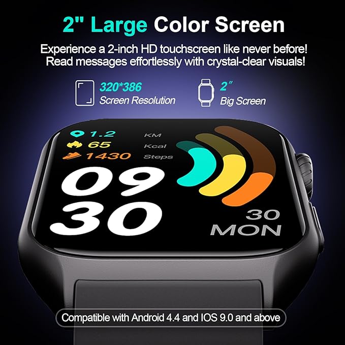 Digital Watch with 2" HD Color Screen, 45 Days Long Battery, IP68 Waterproof, Answer/Make Call/Quick Reply/AI Voice Assistant, 100+ Sport Modes, Health Fitness Tracker for Android and iOS (Gray)