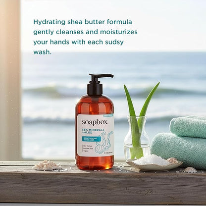 Soapbox Liquid Hand Soap, Sea Minerals & Aloe - Gentle & Moisturizing Hand Wash for Kitchen and Bathroom, Vegan & Cruelty Free Scented Hand Soap 12 Ounce Pump Bottles (Pack of 3)