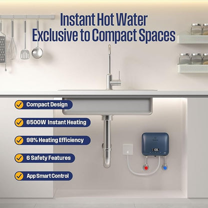 Westinghouse Apolo Mini 6.5kW Tankless Water Heater Electric, 240V Instant Hot Water, Smart WiFi Control, Compatible with Alexa & Google Home, Deep Blue