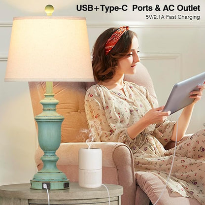 25.6" Farmhouse Table Lamps Set of 2 with USB C+A Ports & AC Outlet for Rustic Living Room Retro Bedroom,3-Way Dimmable Touch Lamp Bedside Lamps for Nightstand Side End Table,Retro Green