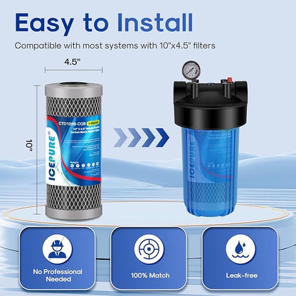 ICEPURE 5 Micron 4.5" x 10" CTO10BB-CQB Whole House Water Filter Upgraded Coconut Shell Activated Carbon Lead Removal Water Filter Replacement for Home, 2PACK