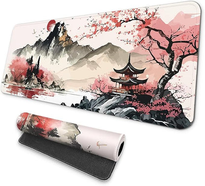 MAY FLOWER Large Gaming Mouse pad, Full Keyboard Mat, Long Laptop Mousepad, Computer Mouse Mat for Home and Office, Anti-Slip Rubber Base, 31.5 x 11.8 Inches (Watercolor Cherry Blossom)