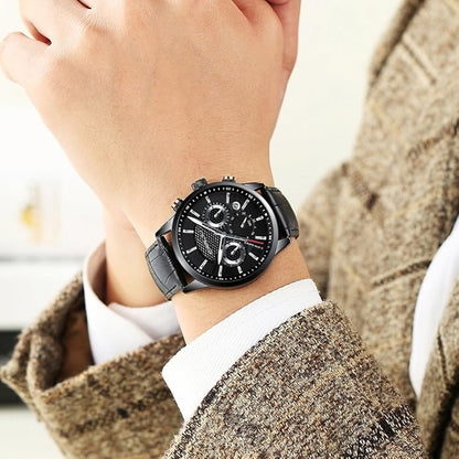 CRRJU Men's Business Casual Chronograph Quartz Waterproof Wristwatch Black Leather Strap