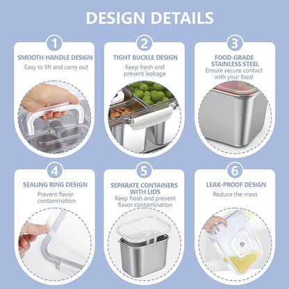 2 Pack Snackle Box Container with 8 Removable Stainless Steel Containers – Clear Divided Serving Snack Tray with Lid & Handle – Leak-Proof for Wet/Dry Food – Perfect for Parties, Travel, Office