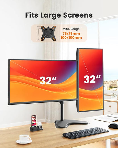 ErGear Freestanding Dual Monitor Stand for 2 Screens up to 32 inch, Heavy Duty Monitor Mount Holds Max 17.6 lbs per Arm, Height Adjustable Computer Monitor Stand for Desk, VESA 75x75/ 100x100mm, Black