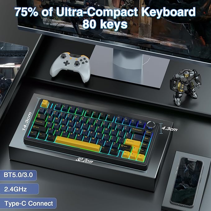 AULA F75 75% Wireless Mechanical Keyboard, Hot Swappable Creamy Keyboard, Pre-lubed Greywood Switches RGB Backlit Gaming Keyboards, 2.4GHz/Type-C/BT5.0(Cool Black)