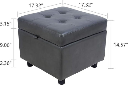 H&B Luxuries Tufted Leather Square Flip Top Storage Ottoman Cube Foot Rest (Grey with Storage)