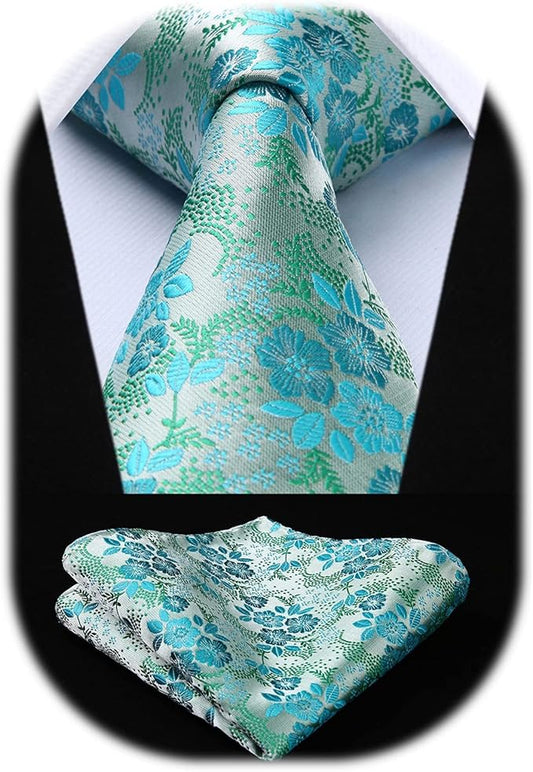 HISDERN Men Floral Ties Woven Classic 3.4" Necktie Set Formal Tie Pocket Square for Wedding with Handkerchief Gift Box