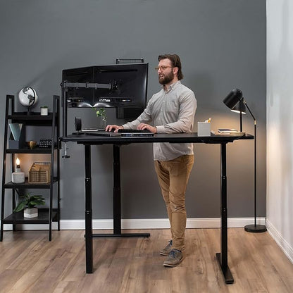 VIVO Electric Height Adjustable 67 x 60 inch Corner Stand Up Desk, 2 Black Solid Table Tops, White Frame, Memory Controller, L-Shaped Workstation, 3E Series, DESK-KIT-3E6WB