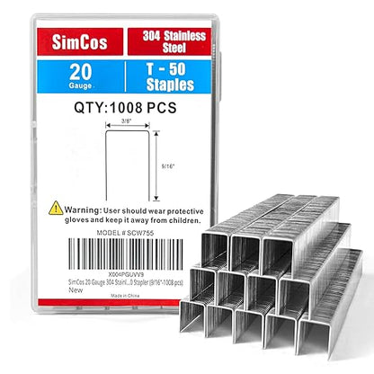 20 Gauge 304 Stainless Steel T/50 Staples - 3/8" Crown Upholstery Staples, 1/4"~9/16" Leg Length, 1008 Counts, Compatible with Staple Gun & T-50 Stapler (9/16"-1008 pcs)