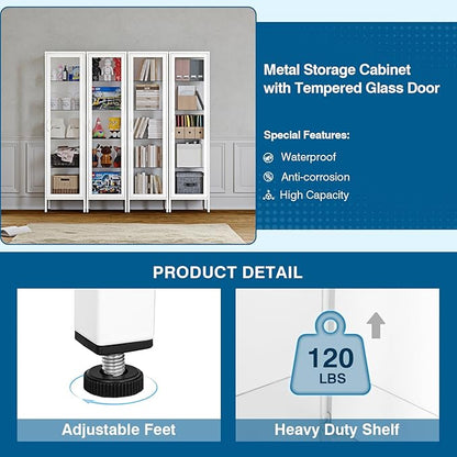 Display Storage Cabinet with Glass Doors, 71 Inches Metal Curio Cabinets with 4 Adjustable Shelves, HD&Tempered Glass Cabinet Display Case for Home, Office, Pantry, Assemble Required (White)
