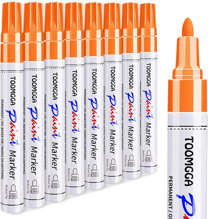 Orange Permanent Paint Pens - 8 Pack Oil Based Paint Markers,Pens For Rock Painting Car Tyre Metal, Plastic, Canvas, Mugs, Wood, Glass, Quick Drying and Waterproof, Medium Point