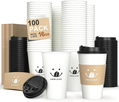 Coffee Cups with Lids and Sleeves, 16 Ounce 100 pack To Go Coffee Cups with Lids, Disposable Hot Coffee Paper Cups Bulk for Hot Beverage (16 Ounce, White)