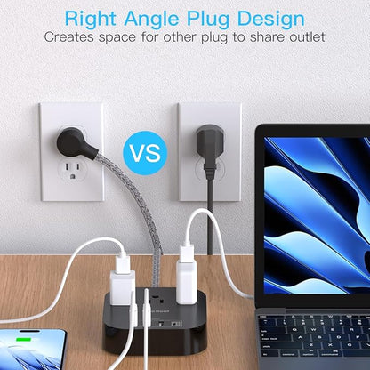Power Strip - 10ft Long Extension Cord with USB C Ports, 3 Outlets 4 USB Desktop Charging Station, Flat Plug Power Strip Non Surge Protector for Cruise Ship, Travel Essetials, ETL Listed, Black