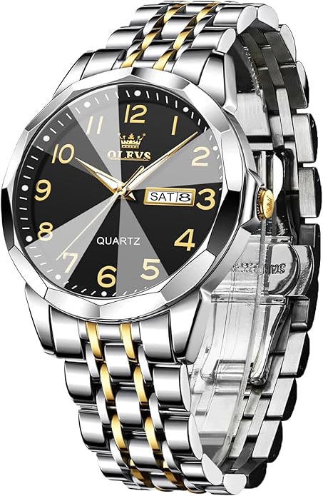 Men's Casual Stainless Steel Watch, Big Face Easy to Read Analog Quartz Watch with Day and Date, Classic Waterproof Diamond Roman Arabic Numerals Dial Dress Watch for Men, Gold Silver Black Band