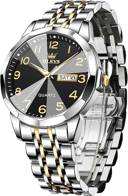 Men's Casual Stainless Steel Watch, Big Face Easy to Read Analog Quartz Watch with Day and Date, Classic Waterproof Diamond Roman Arabic Numerals Dial Dress Watch for Men, Gold Silver Black Band