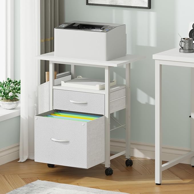 GYIIYUO 2 Fabric Drawer File Cabinet with 24'' Extended Desktop, Mobile Filing Cabinet, Rolling File Cabinet with Side Bag, Fits A4 Size, Home Office, White