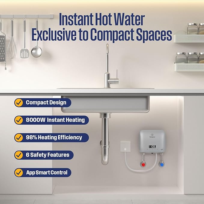 Westinghouse Apolo Mini 8kW Tankless Water Heater Electric, 240V Instant Hot Water, Smart WiFi Control, Compatible with Alexa & Google Home, Gray