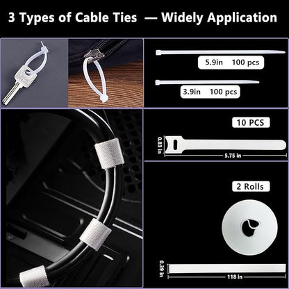 ELII 328Pcs Cable Management Kit, 8 Magnetic Cable Clips,69Adhesive Cable Holder,4 Cable Sleeve Split,22Reusable Cable Strap,200 Nylon Cable Zip Ties with 25 Mounts TV Home(White)