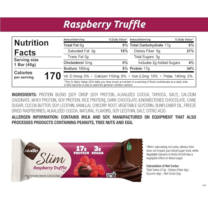 NuGo Slim Variety - Brownie Crunch 12 Bars & Raspberry Truffle 12 Bars, Low Net Carb, Keto Friendly, Gluten Free, 24 Count