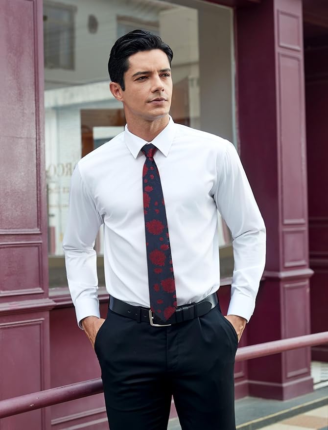 HISDERN Men Floral Ties Woven Classic 3.4" Necktie Set Formal Tie Pocket Square for Wedding with Handkerchief Gift Box
