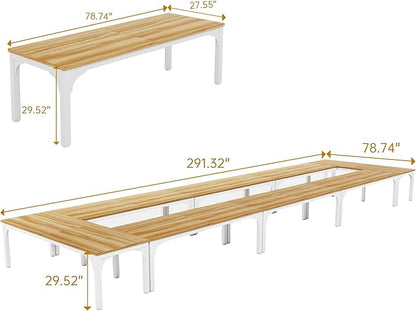 Conference Table, Super Sturdy Large Rectangle Meeting Seminar Table, Long Business Tables, Light Walnut, 8Pcs